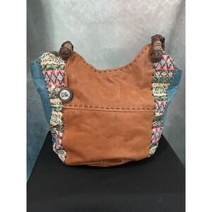 The Sak Leather Hobo Bag Mixed Media Embroidered Sequin Boho Tan Teal